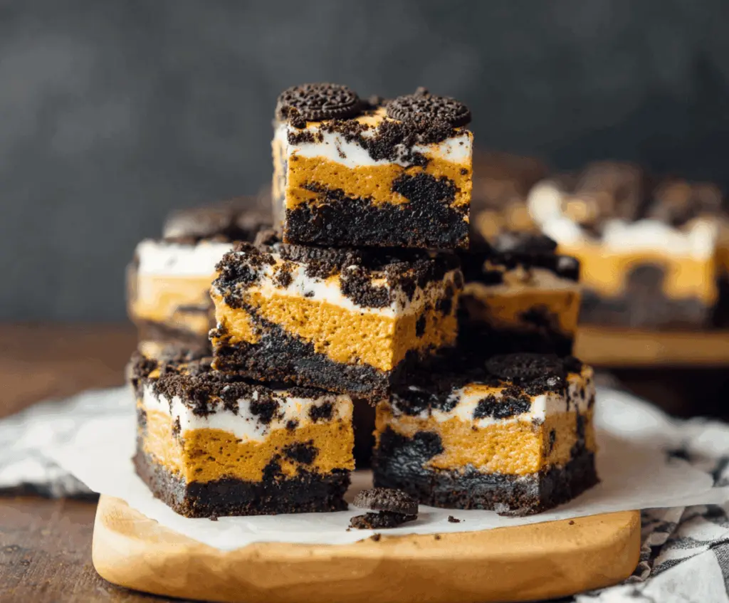 Delicious Pumpkin Oreo Cheesecake Bars topped with whipped cream and crushed Oreos on a decorative plate, perfect for fall desserts.