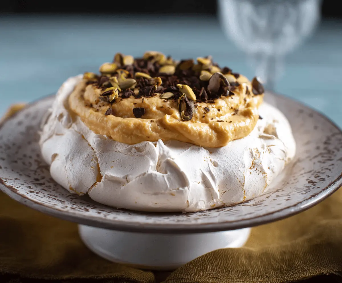 Delicious Pumpkin Pavlova topped with whipped cream and caramelized pumpkin slices, served as a festive fall dessert.