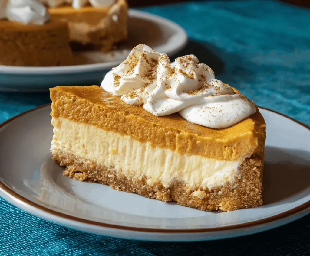 Creamy Pumpkin Pie Cheesecake topped with whipped cream and cinnamon, served on a decorative plate for a festive dessert presentation.
