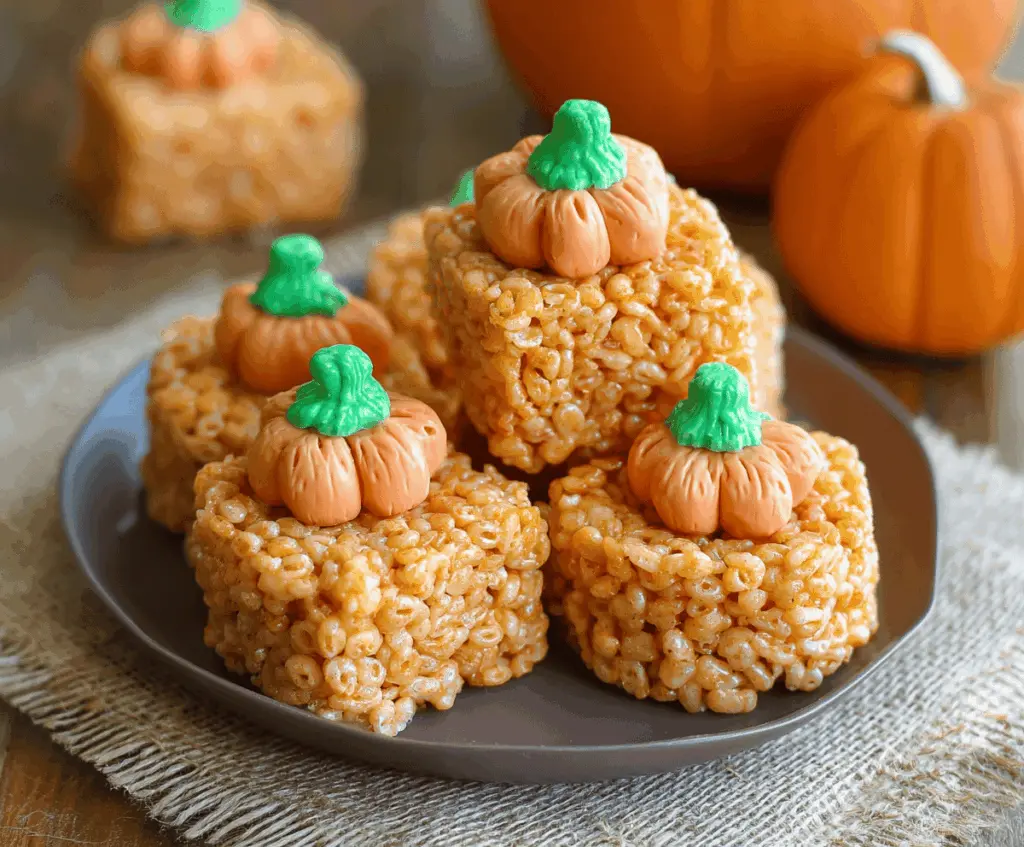 Delicious homemade pumpkin Rice Krispie Treats garnished with festive fall decorations, perfect for autumn snacking