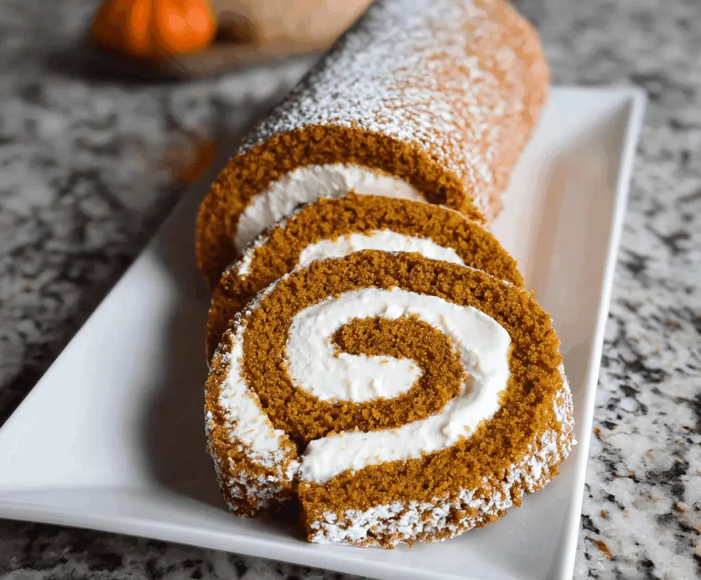 Delicious homemade pumpkin roll cake with cream cheese filling, garnished with powdered sugar and walnuts on a festive plate