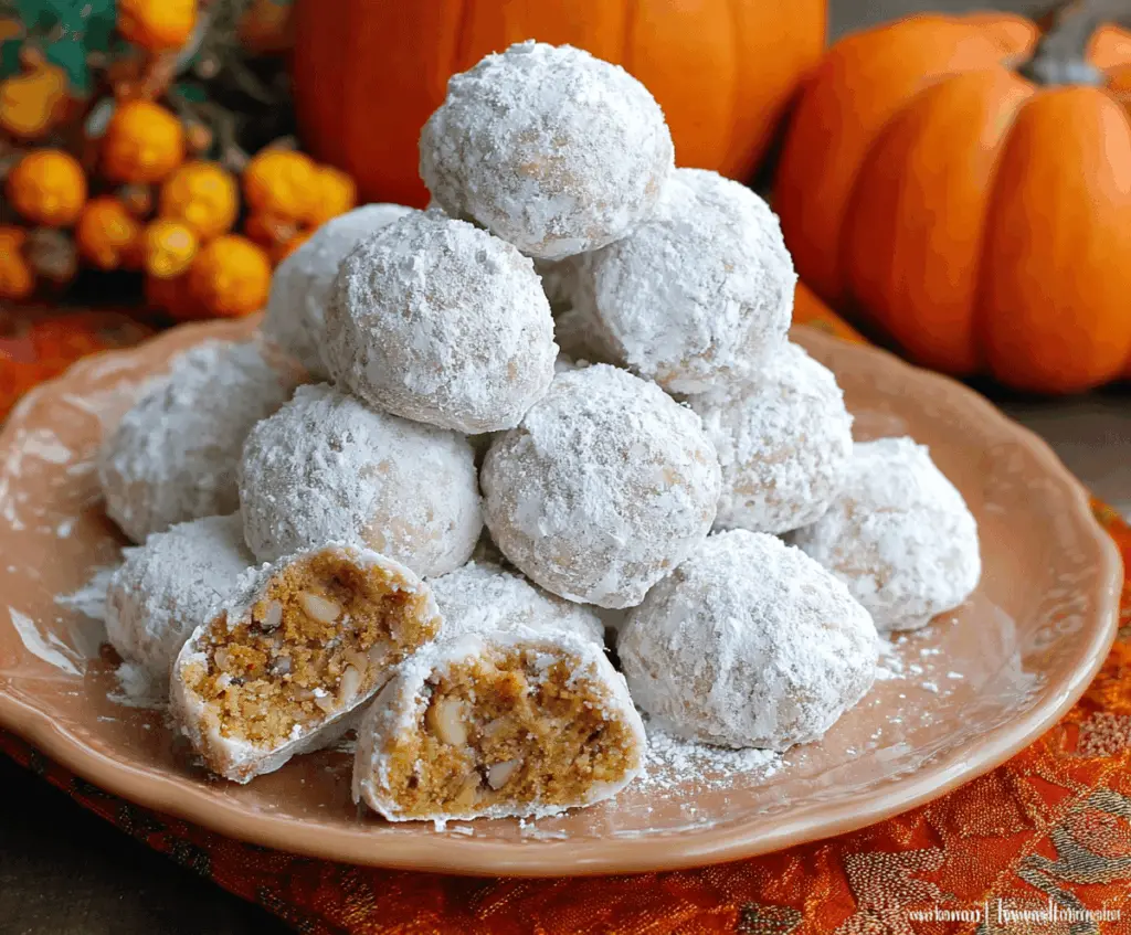 Delicious homemade Pumpkin Snowball Cookies with powdered sugar and festive autumn decorations on a rustic plate