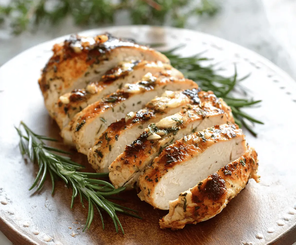 Juicy rosemary garlic turkey breast seasoned with fresh herbs and garlic, served on a white platter with lemon wedges and sprigs of rosemary.