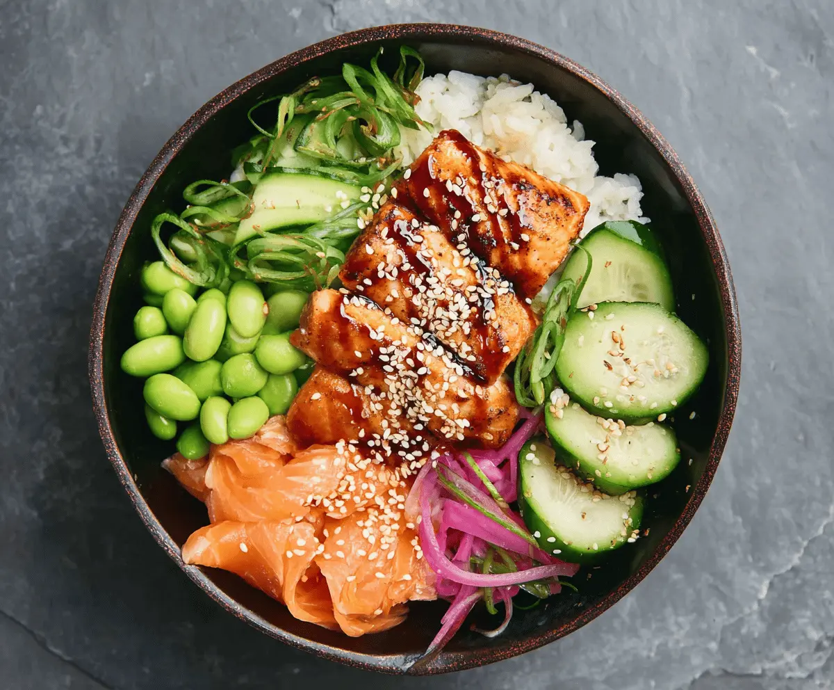 Delicious salmon and rice bowl garnished with fresh herbs, served with lemon wedges and colorful vegetables