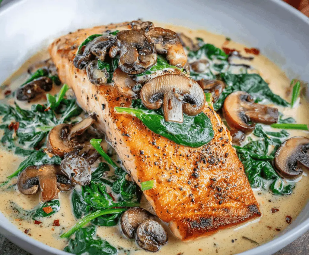 Delicious baked salmon Florentine with fresh spinach and sautéed mushrooms served on a white plate, perfect for a healthy and flavorful dinner.