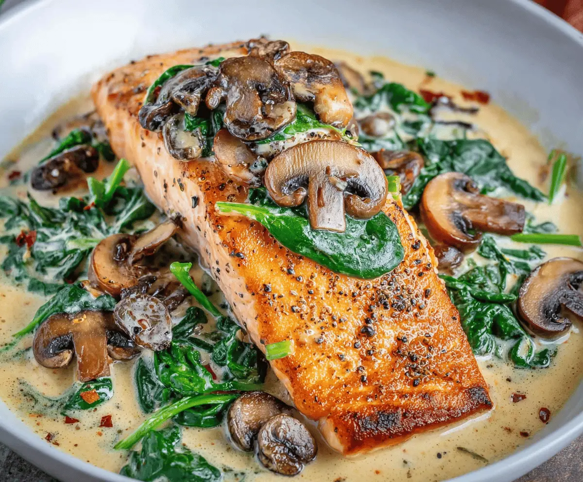 Delicious baked salmon Florentine with fresh spinach and sautéed mushrooms served on a white plate, perfect for a healthy and flavorful dinner.