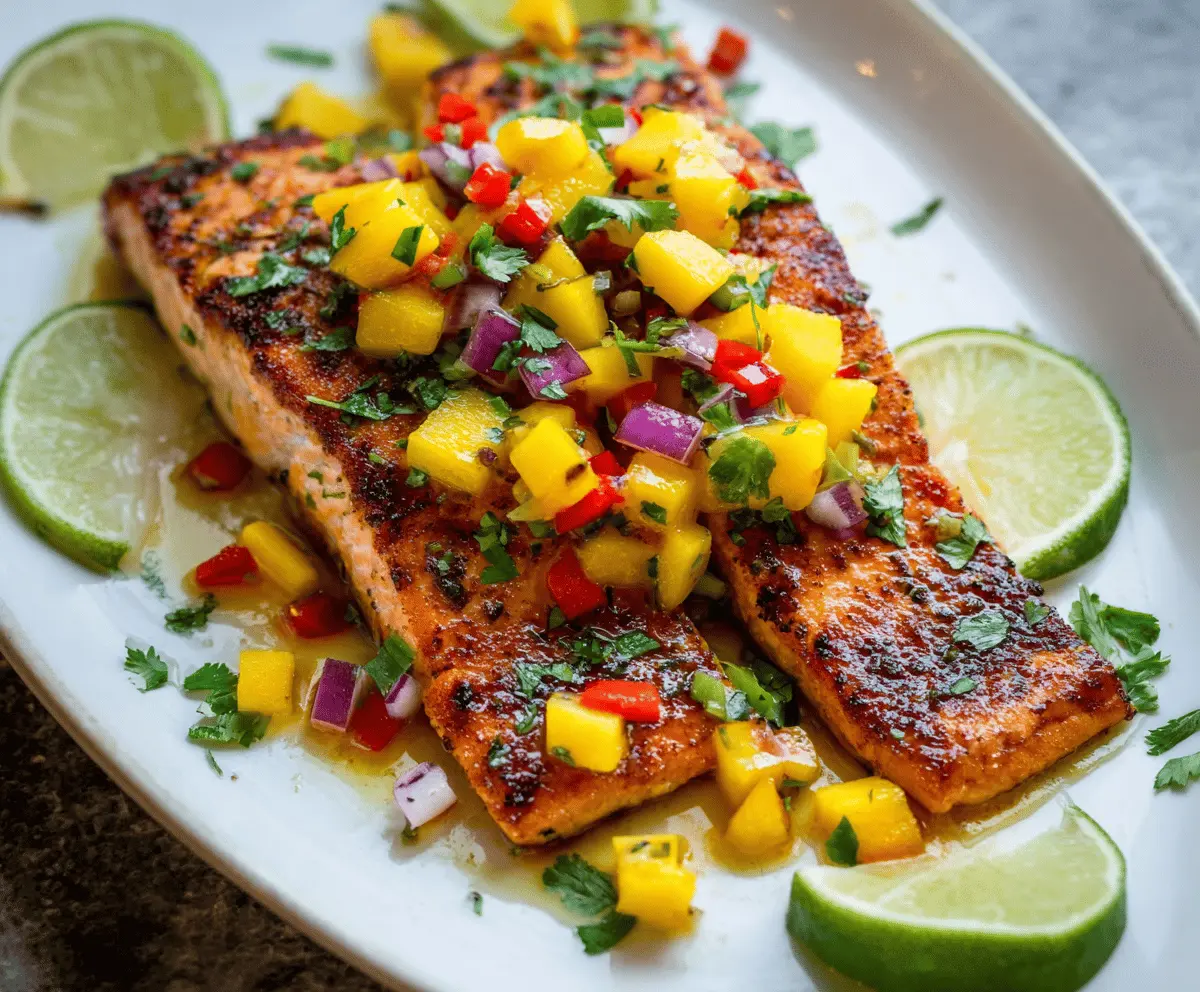 Delicious grilled salmon topped with vibrant fresh mango salsa on a plate, ready to serve.