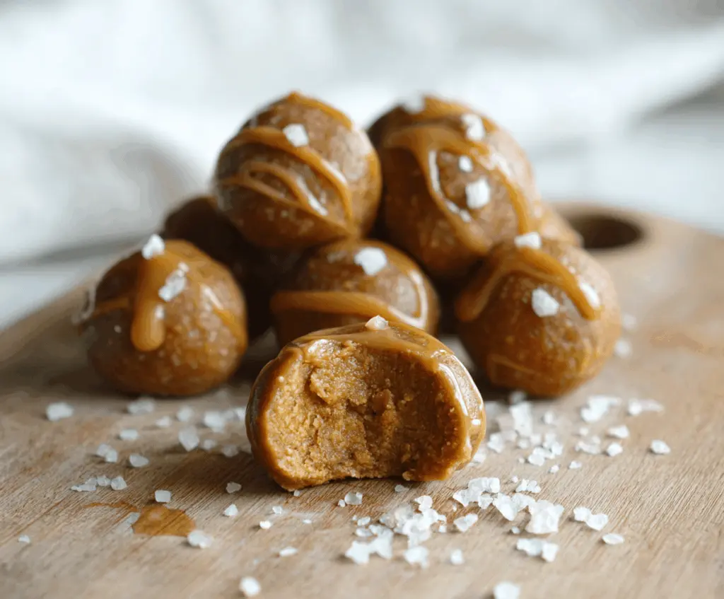 Delicious salted caramel pumpkin protein balls on a white plate, perfect for a healthy snack and energy boost