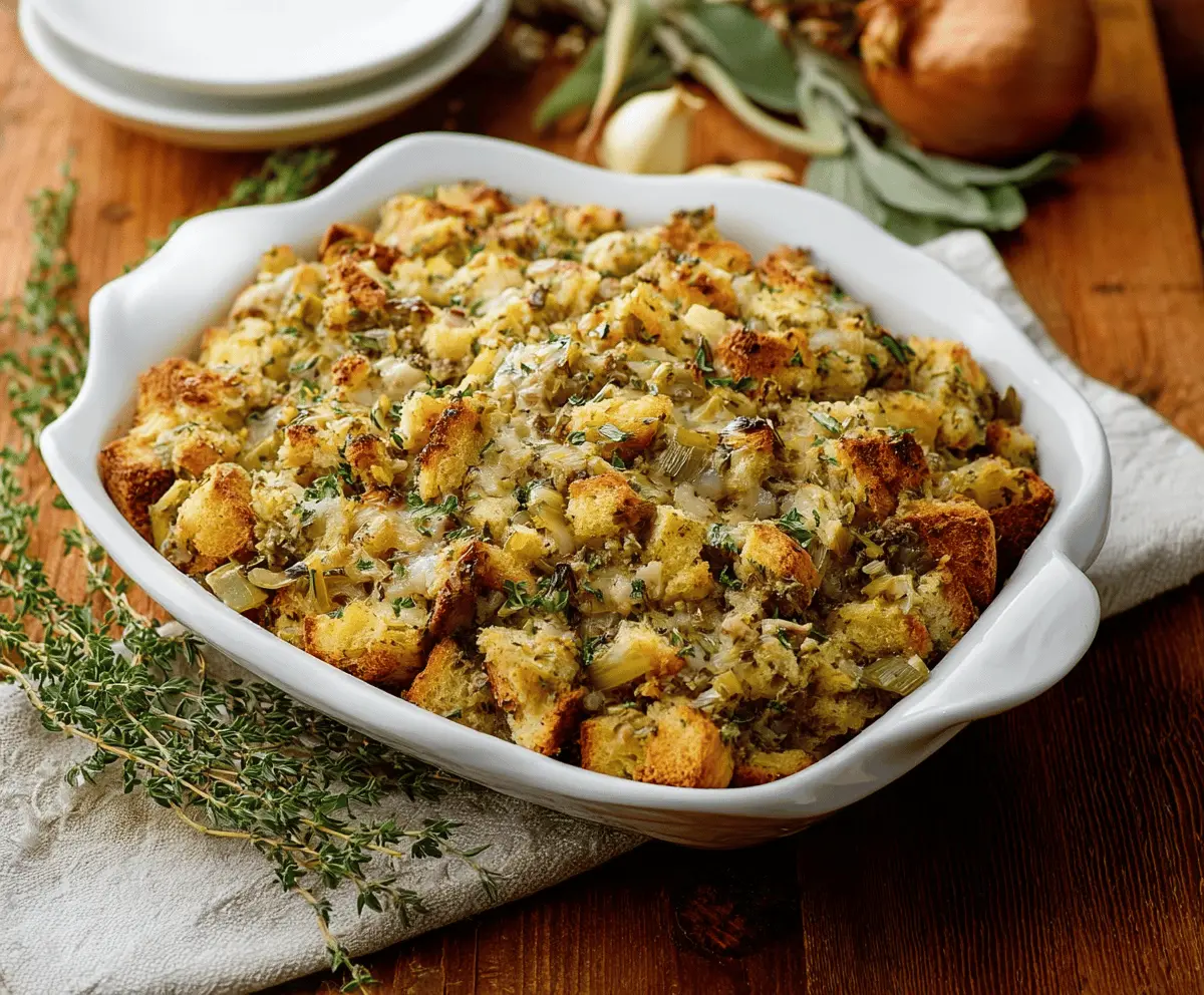 Delicious savory herb stuffing with fresh herbs and golden bread cubes, perfect for holiday dinner tables