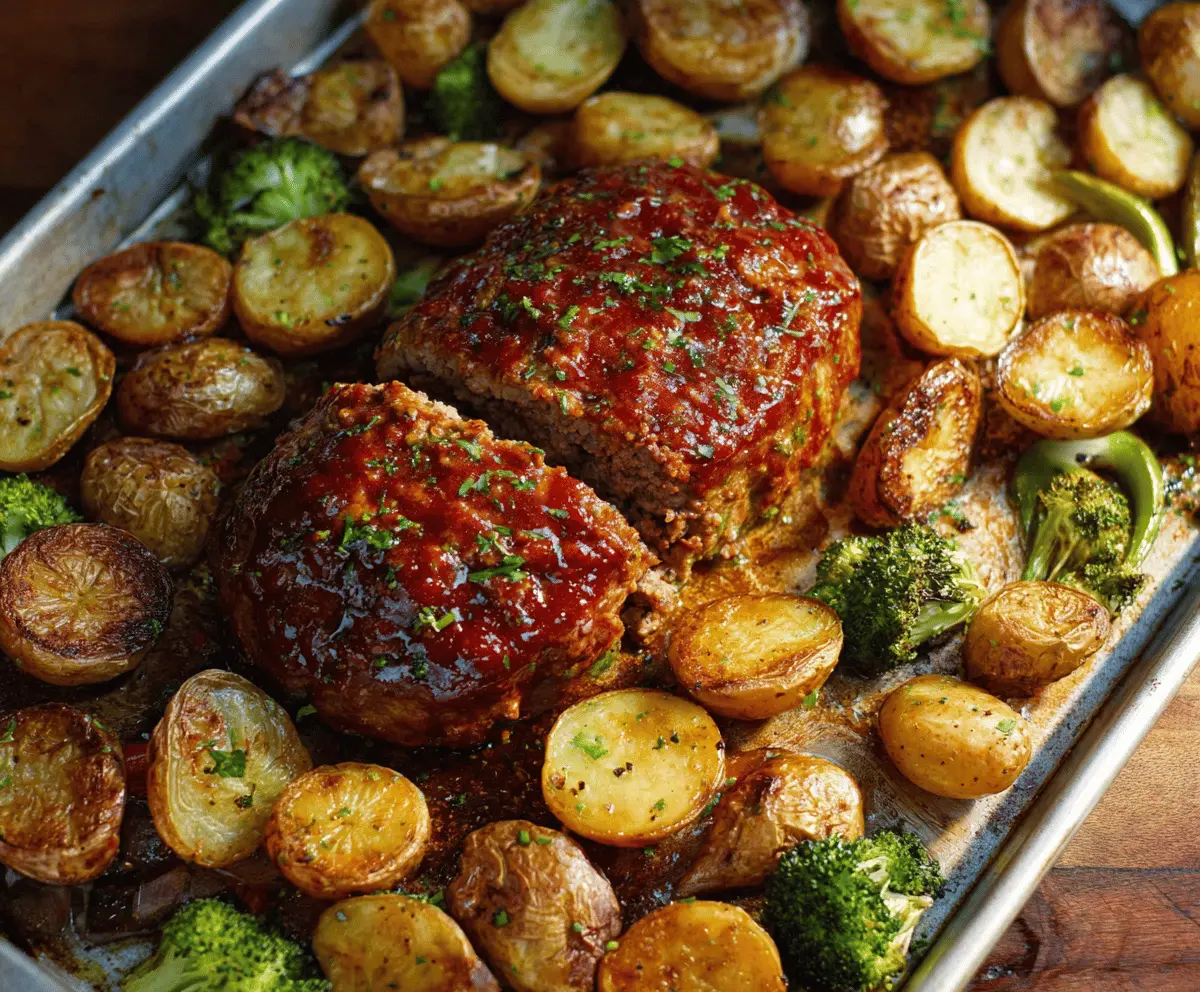 Delicious sheet pan meatloaf with roasted potatoes and vegetables for a comforting family dinner