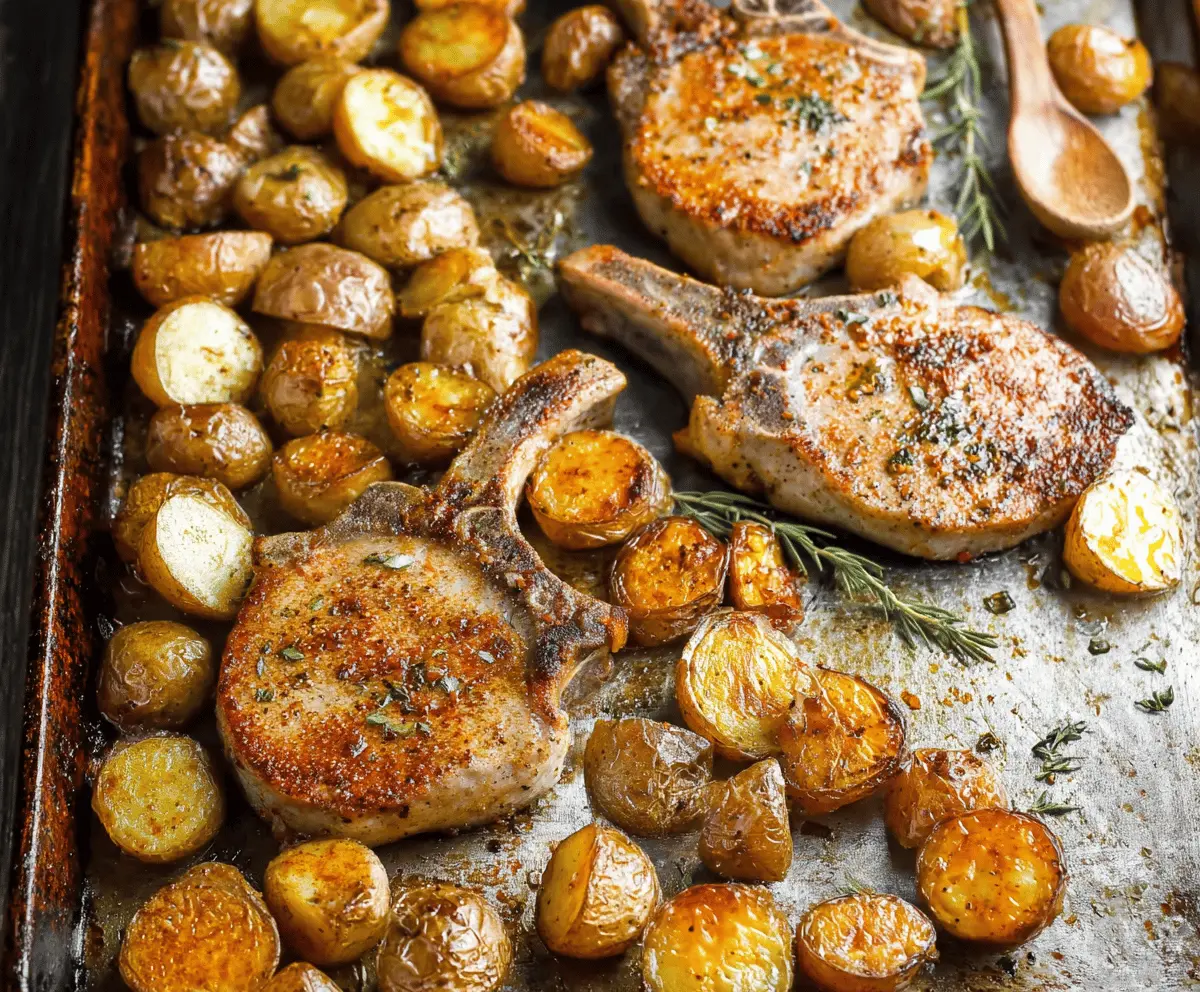 Delicious sheet pan pork chops with crispy potatoes and fresh herbs ready for a flavorful dinner