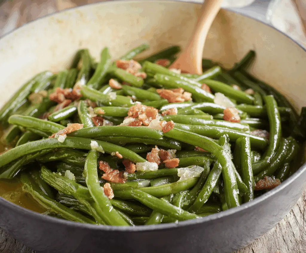 Delicious Southern Style Green Beans cooked with bacon, garlic, and seasonings in a savory, flavorful dish