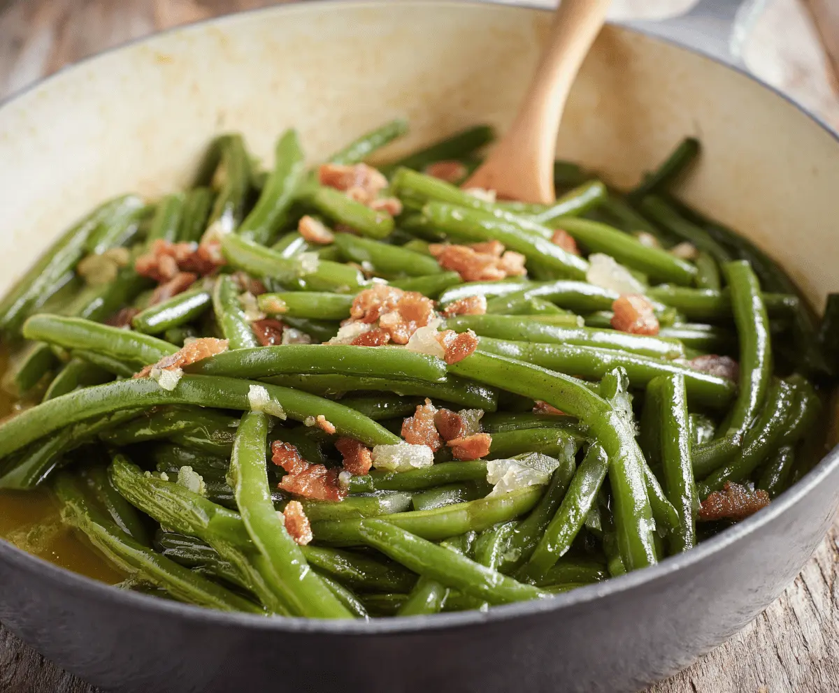 Delicious Southern Style Green Beans cooked with bacon, garlic, and seasonings in a savory, flavorful dish