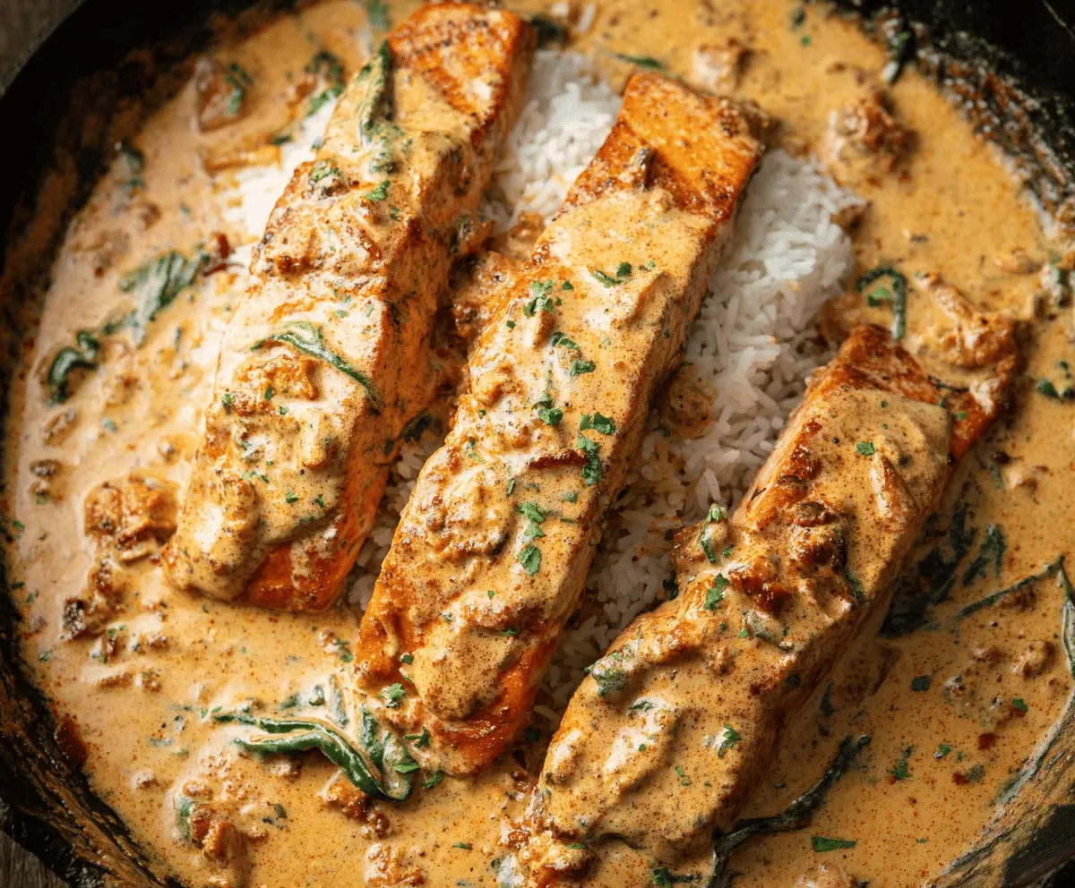 Delicious Spicy Creamy Cajun Salmon fillet garnished with herbs on a plate, showcasing a flavorful and vibrant seafood dish.