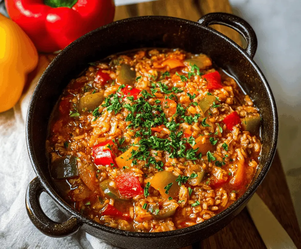 Creamy stuffed bell pepper soup with colorful bell peppers, ground meat, and melted cheese, served in a bowl.