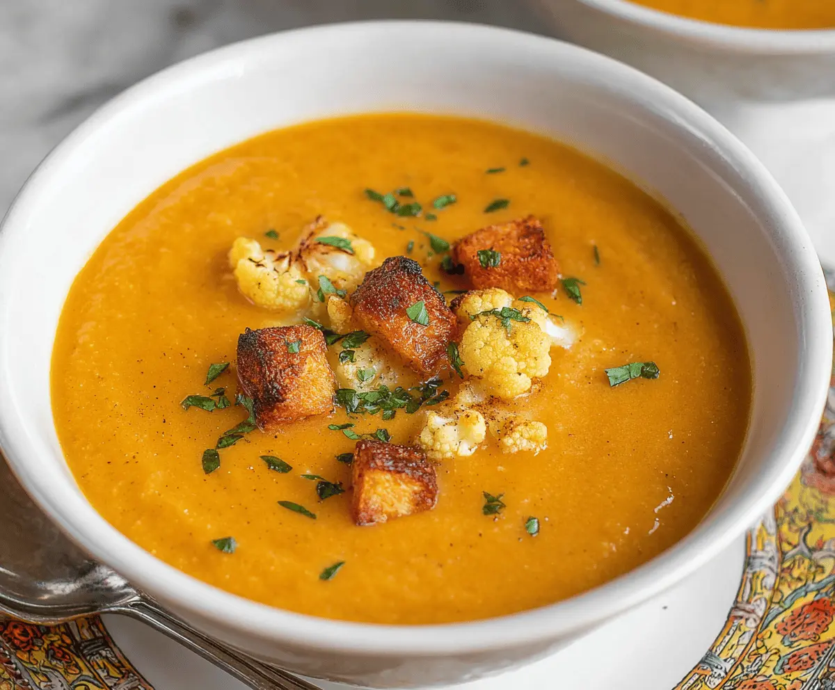 Creamy sweet potato and cauliflower soup garnished with fresh herbs in a white bowl, perfect for a comforting and healthy meal.