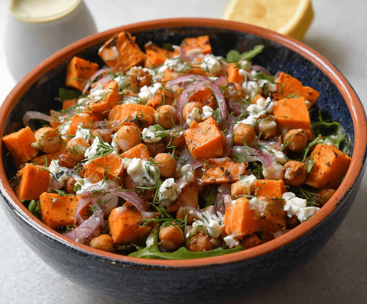 Colorful sweet potato chickpea salad with fresh greens, cherry tomatoes, and a light vinaigrette, perfect for a healthy meal.