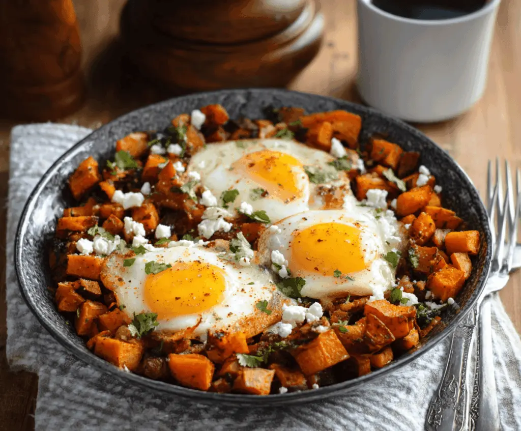 Delicious sweet potato hash topped with sunny-side-up eggs, garnished with herbs for a flavorful breakfast recipe