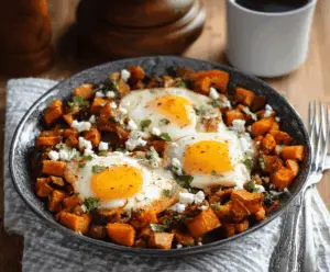 Delicious sweet potato hash topped with sunny-side-up eggs, garnished with herbs for a flavorful breakfast recipe