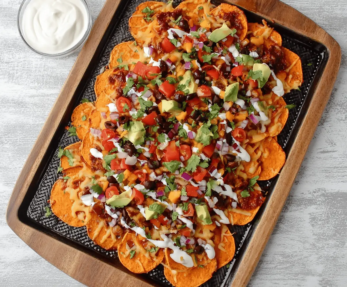 A plate of sweet potato loaded nachos topped with melted cheese, black beans, diced tomatoes, green onions, and a dollop of sour cream.