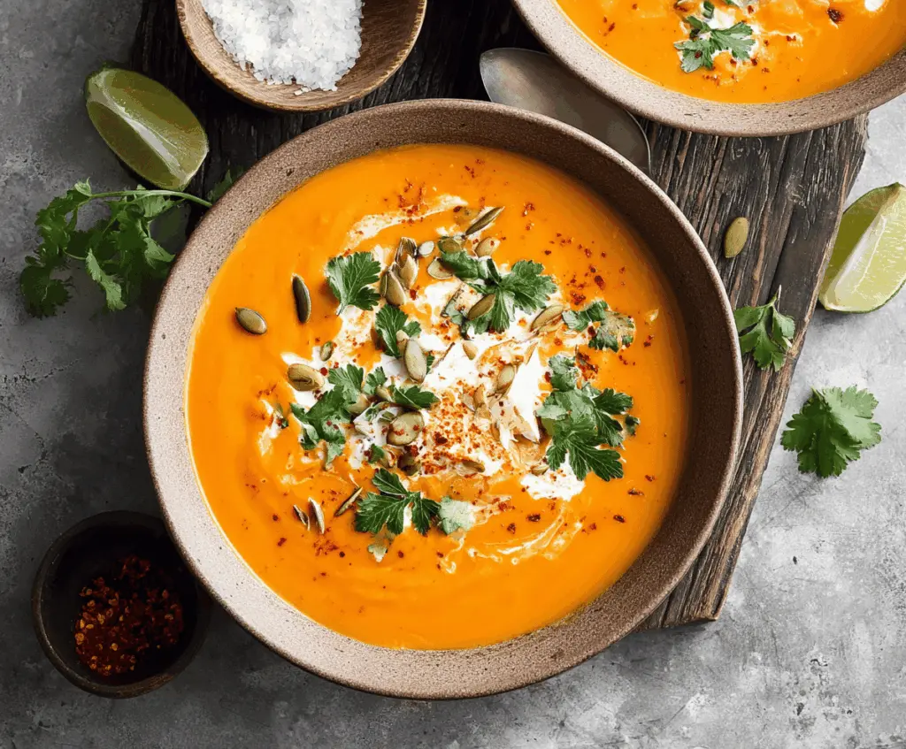Creamy sweet potato soup topped with coconut milk and fresh herbs in a bowl, served with a rustic wooden spoon for a comforting, healthy meal.