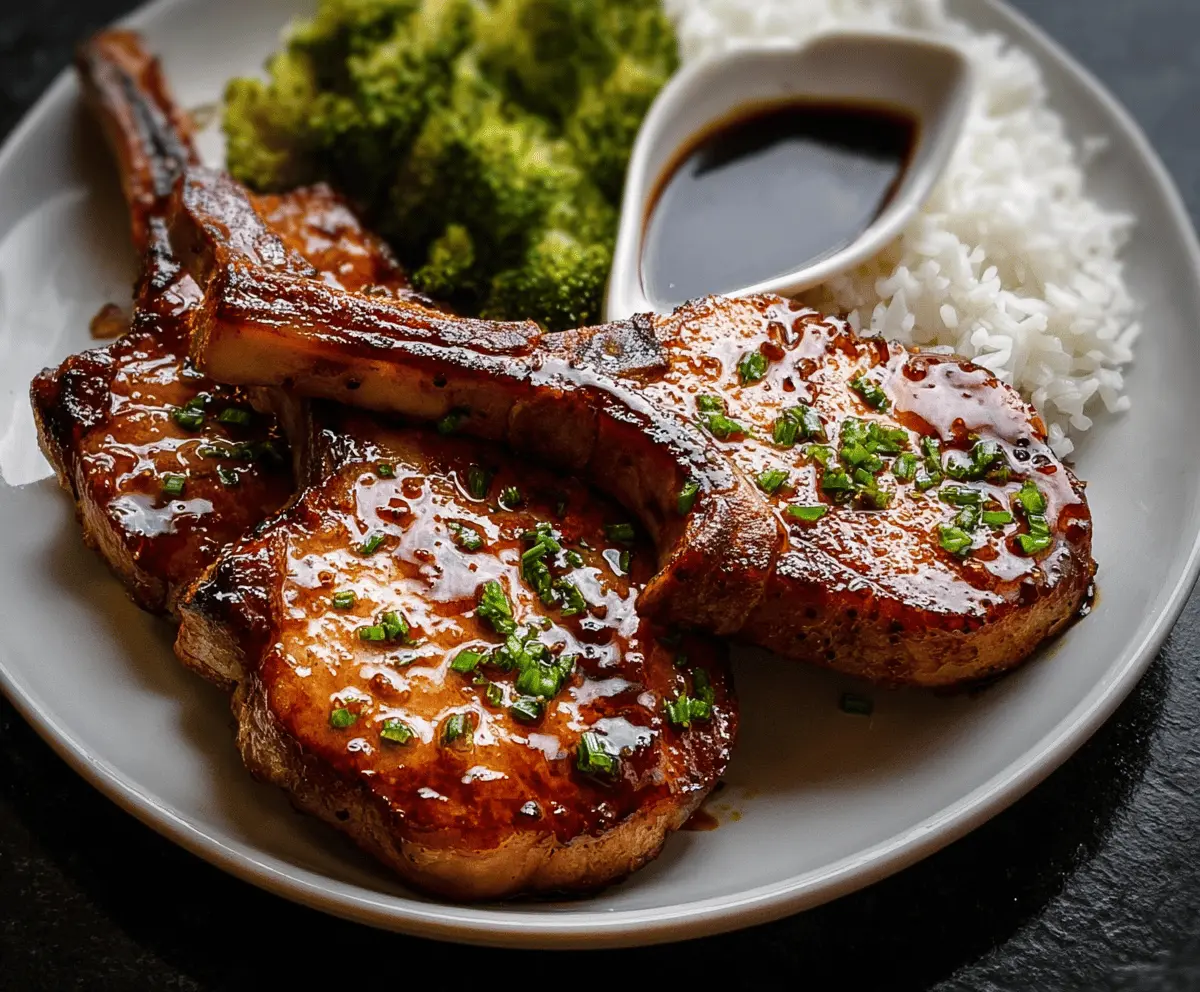 Juicy teriyaki pork chops glazed with savory sauce served with steamed vegetables on a plate.