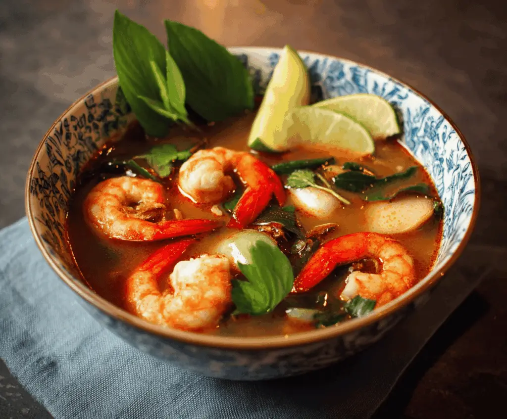 Spicy and flavorful Thai Tom Yum Soup with shrimp, mushrooms, lemongrass, kaffir lime leaves, chili, and fresh herbs in a steaming bowl
