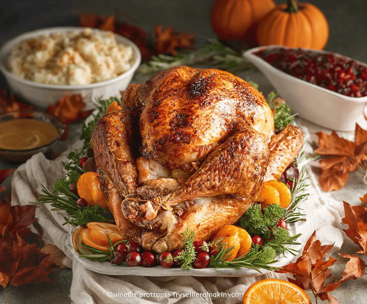 Juicy roasted Thanksgiving turkey garnished with herbs on a platter.