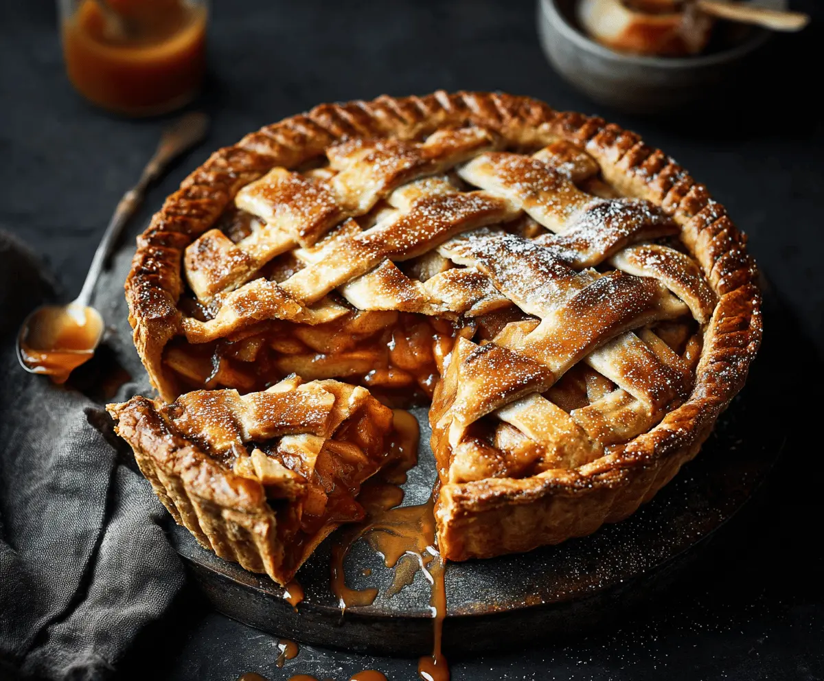 Golden toffee apple pie topped with caramelized apple slices and a flaky crust, served warm and ready to enjoy