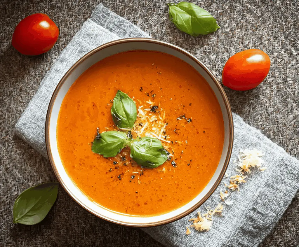 Creamy tomato basil soup garnished with fresh basil leaves in a white bowl, perfect for a comforting and flavorful meal.