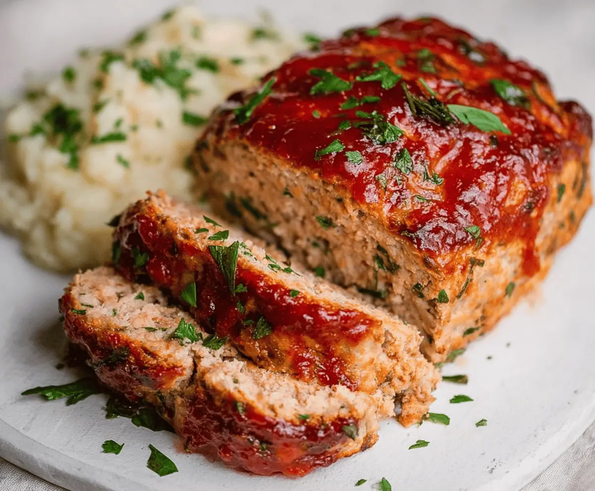 Juicy baked turkey meatloaf served with fresh herbs and vegetables on a white plate, ready to enjoy