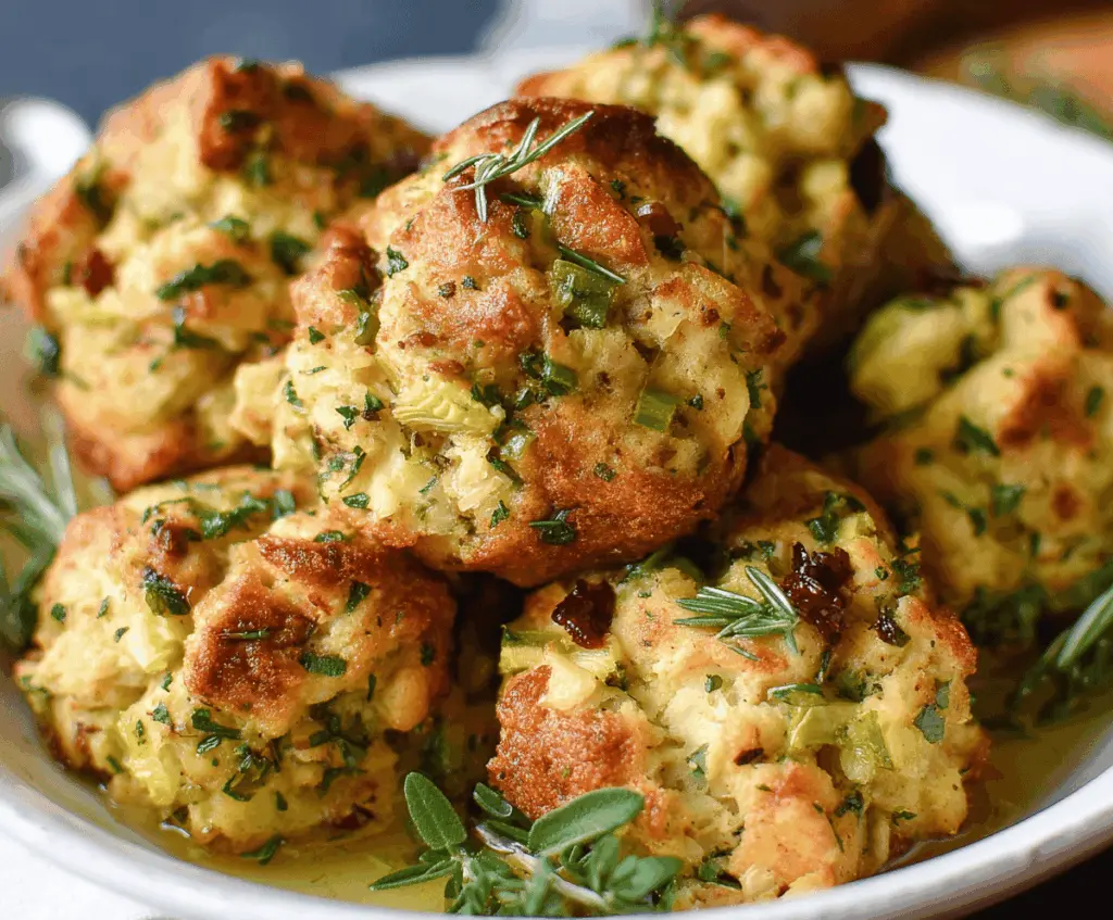 Delicious golden turkey stuffing balls on a serving plate, perfect for holiday dinners.
