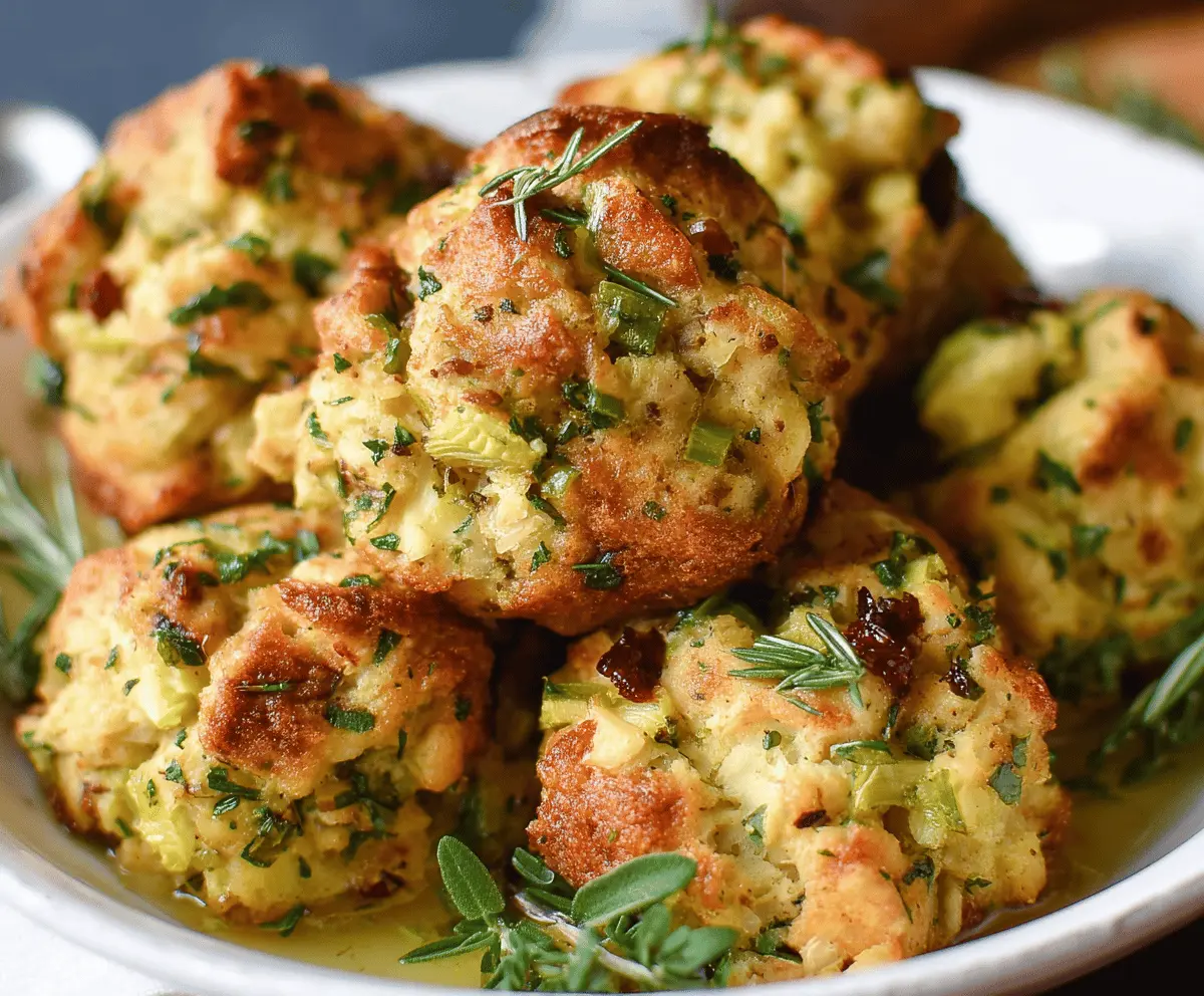 Delicious golden turkey stuffing balls on a serving plate, perfect for holiday dinners.