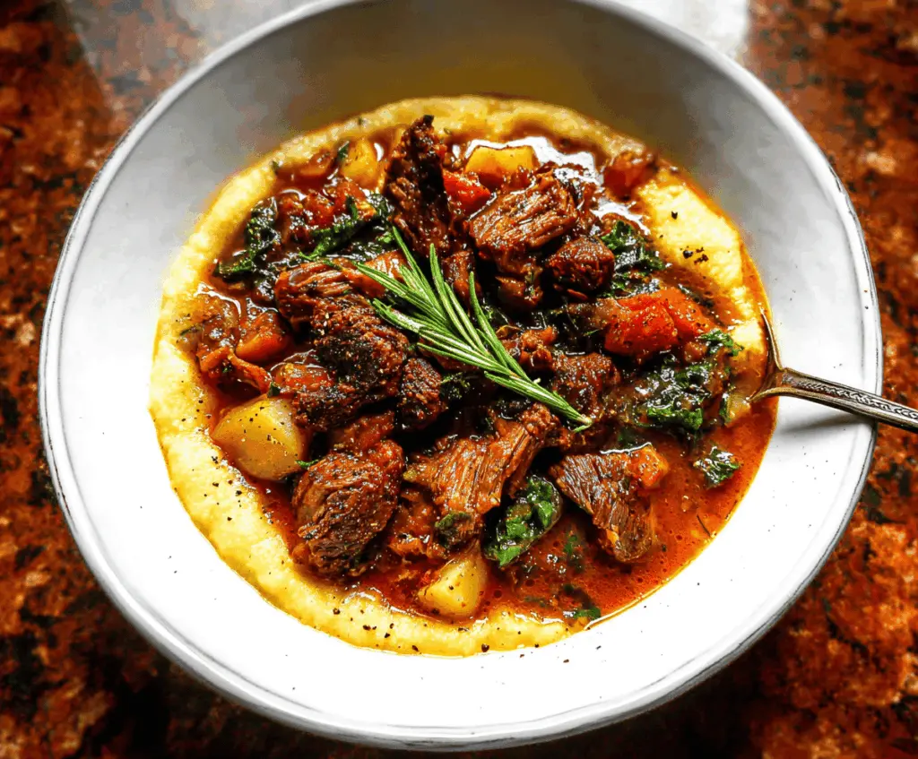 Hearty Tuscan Beef Stew with tender beef chunks, fresh vegetables, and herbs in a rustic bowl, perfect for a comforting meal