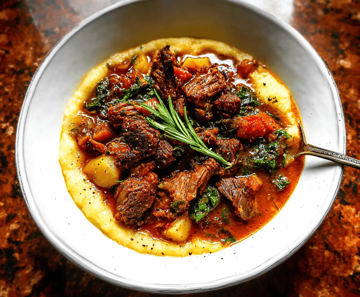 Hearty Tuscan Beef Stew with tender beef chunks, fresh vegetables, and herbs in a rustic bowl, perfect for a comforting meal