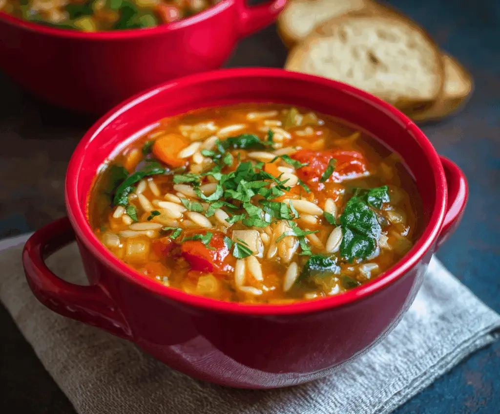 A bowl of warm vegetable orzo soup featuring colorful vegetables and tender pasta, served in a rustic bowl with fresh herbs on top.