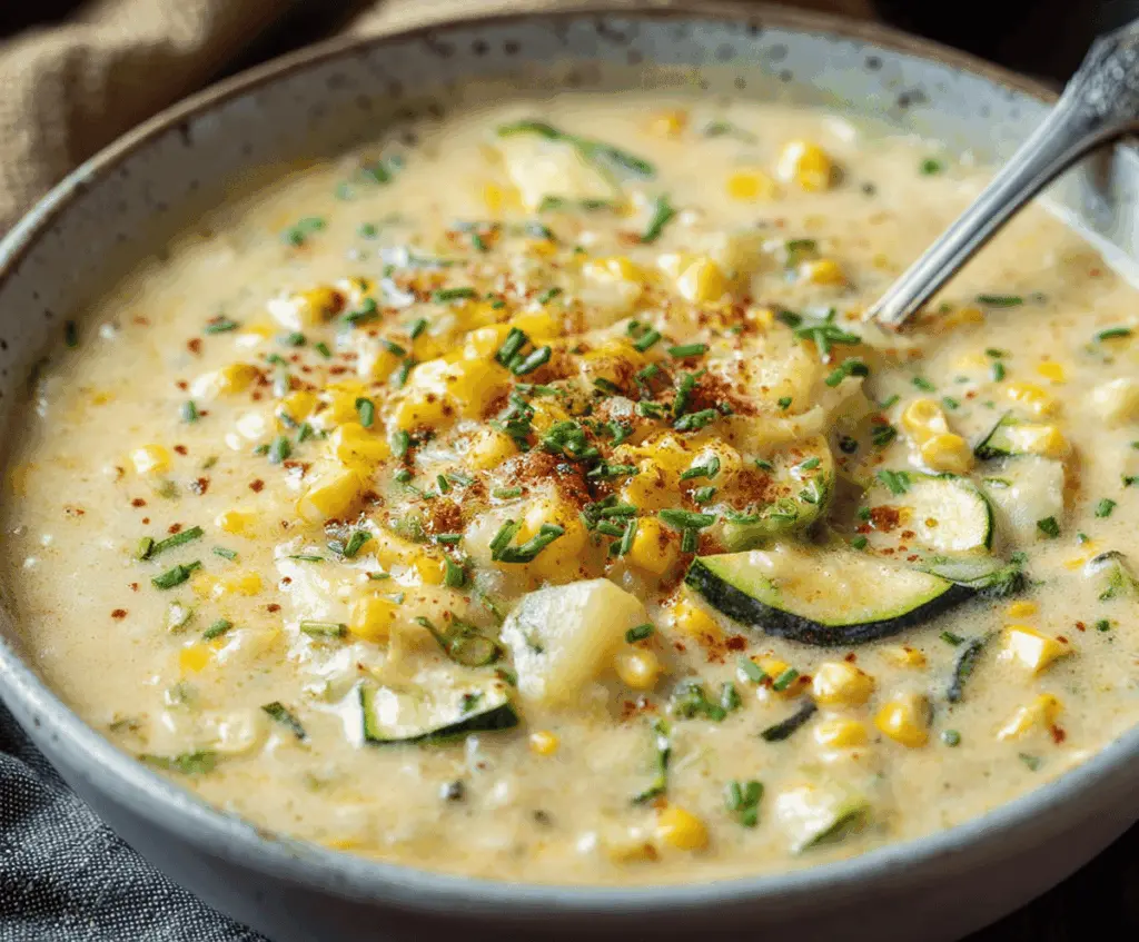 Creamy zucchini and corn chowder in a bowl garnished with fresh herbs, perfect for a comforting and healthy meal.