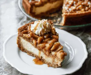Delicious apple pie cheesecake with a golden crust and fresh apple slices on top.