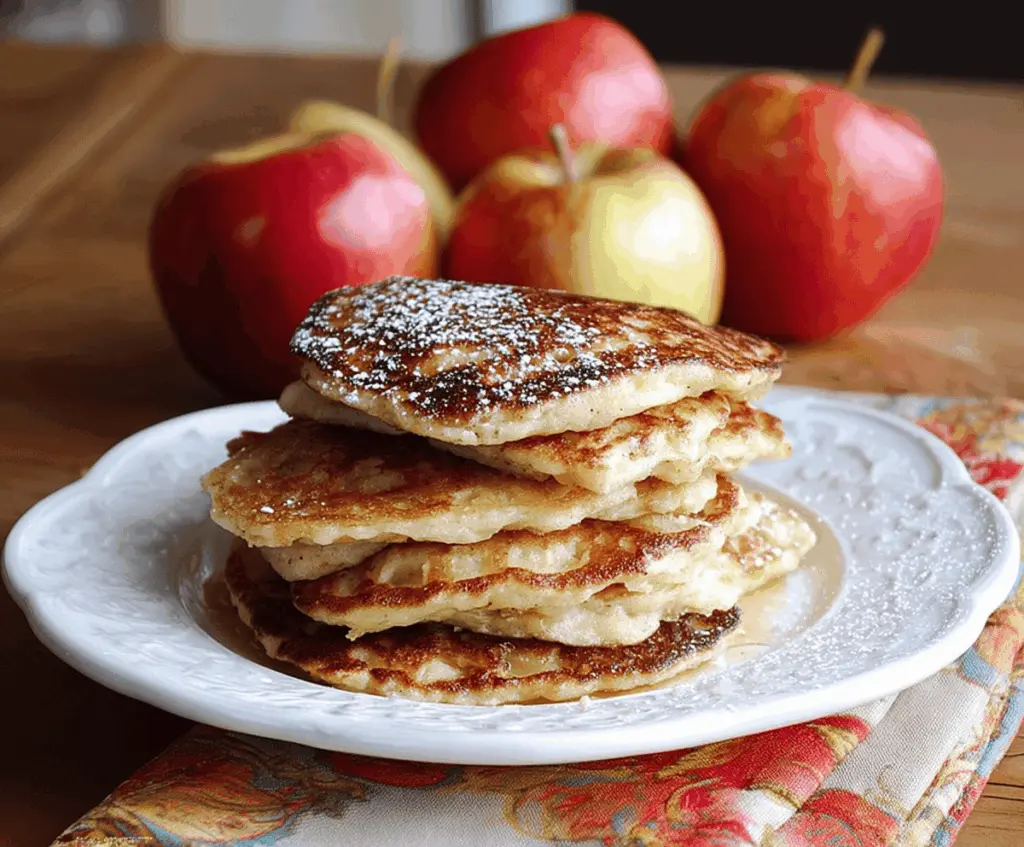 Fluffy apple yogurt pancakes topped with fresh apple slices and a drizzle of honey