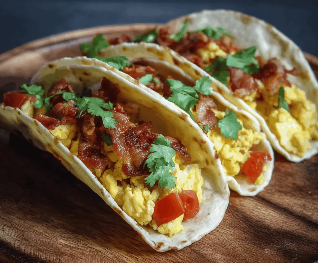 Delicious bacon and scrambled eggs in soft taco shells for a hearty breakfast.