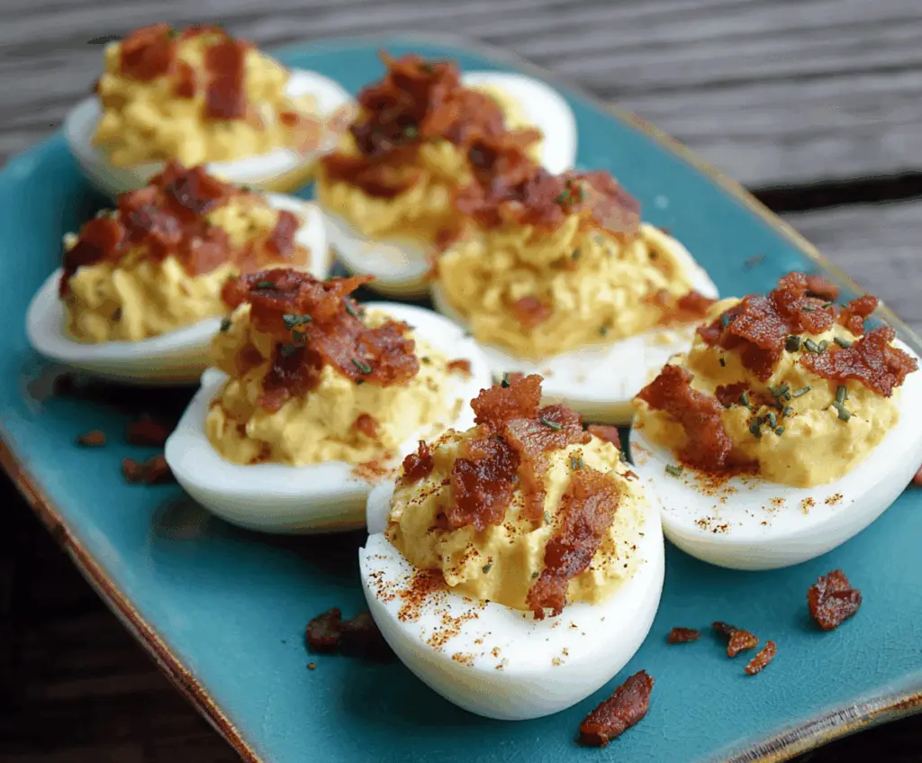 Delicious Bacon Ranch Deviled Eggs garnished with crispy bacon and fresh herbs.