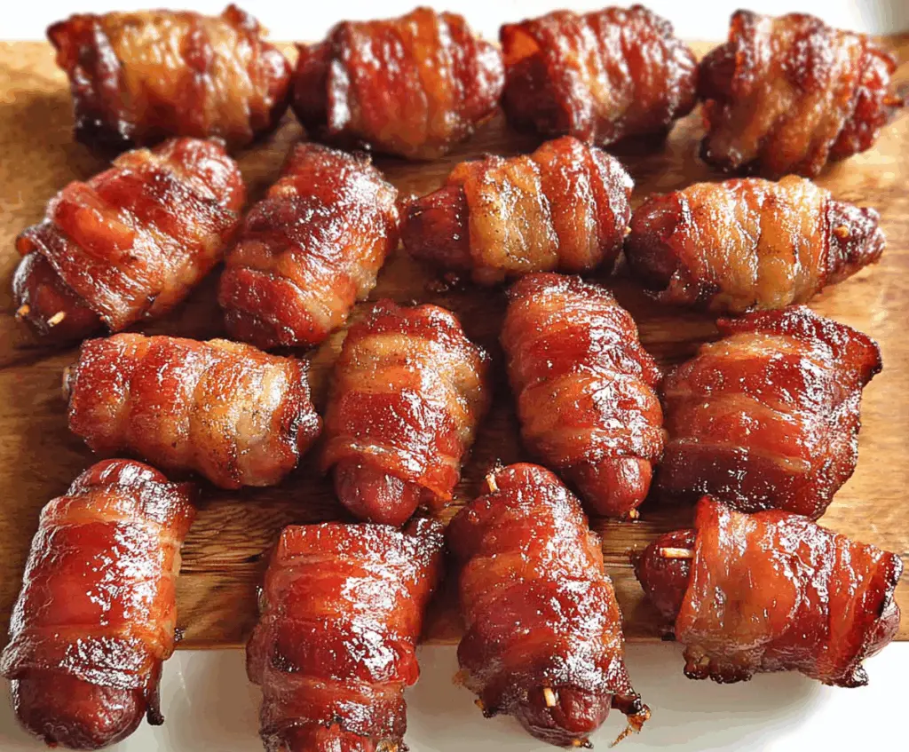 Bacon-Wrapped Little Smokies appetizer with crispy bacon and savory sausages on a serving platter.