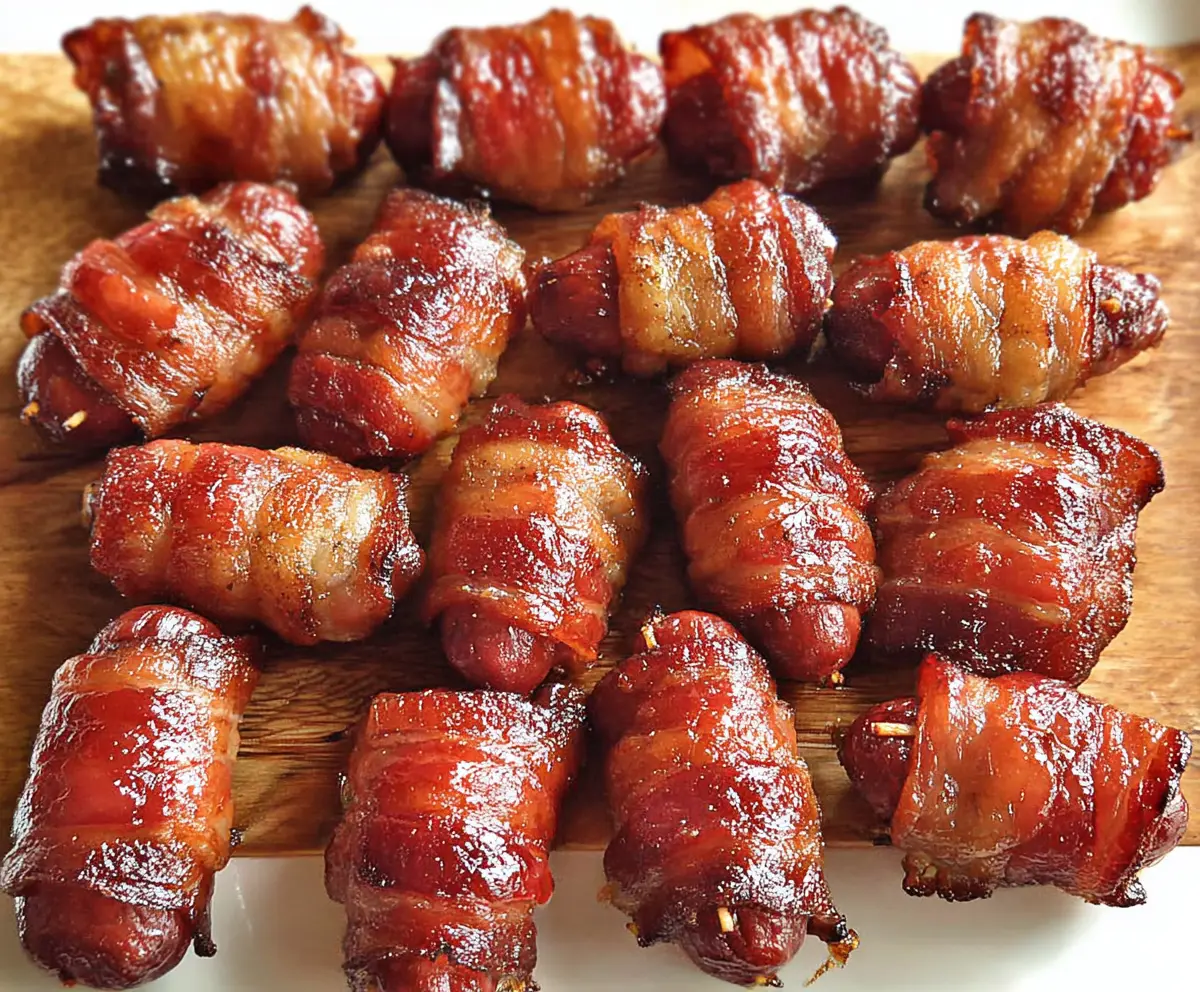 Bacon-Wrapped Little Smokies appetizer with crispy bacon and savory sausages on a serving platter.
