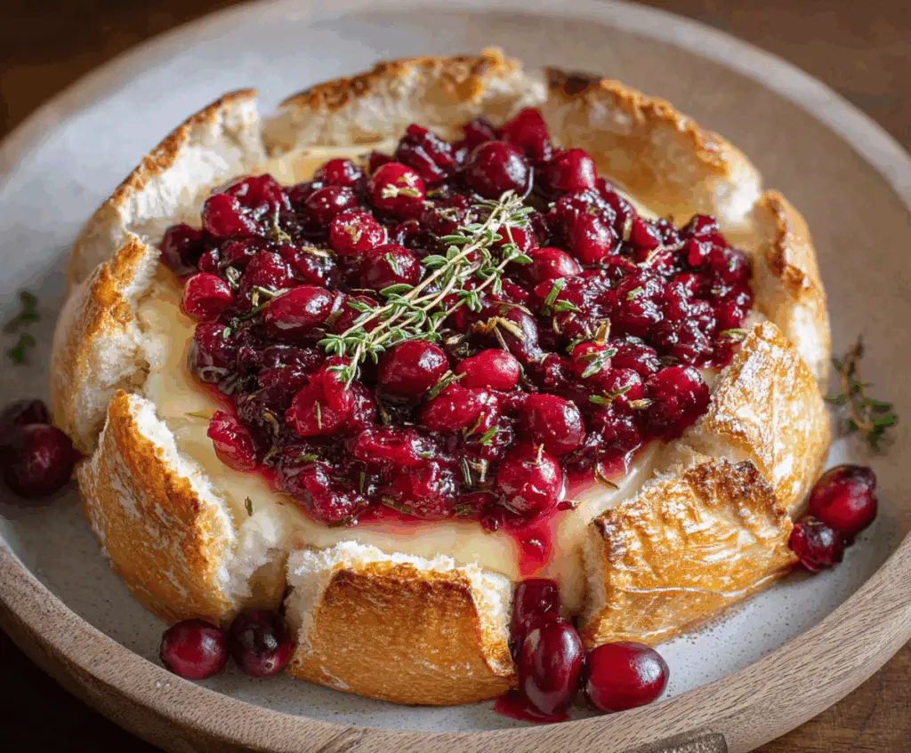 Delicious baked Brie cheese topped with fresh cranberries and herbs, perfect for appetizers.