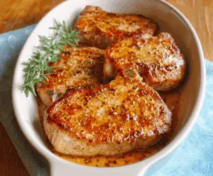 Delicious baked pork chops with crispy edges served on a plate with herbs.