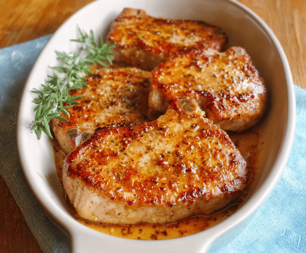 Delicious baked pork chops with crispy edges served on a plate with herbs.