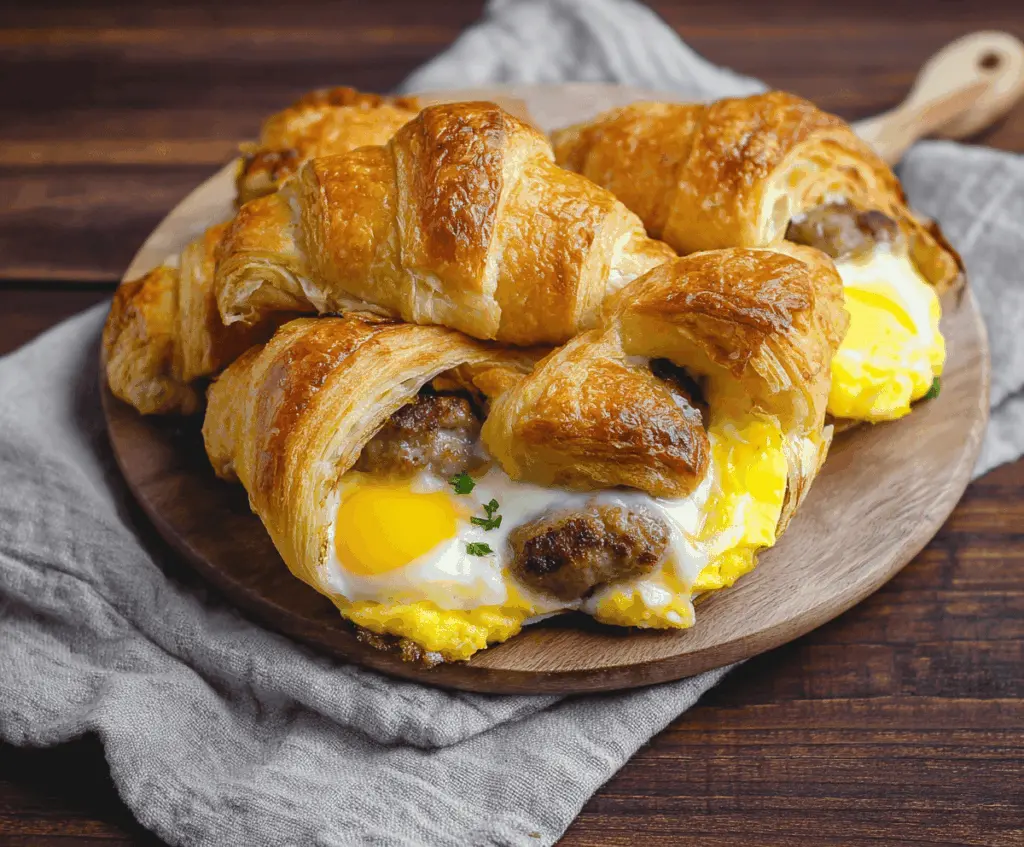 Delicious baked sausage, egg, and cheese croissant fresh out of the oven.
