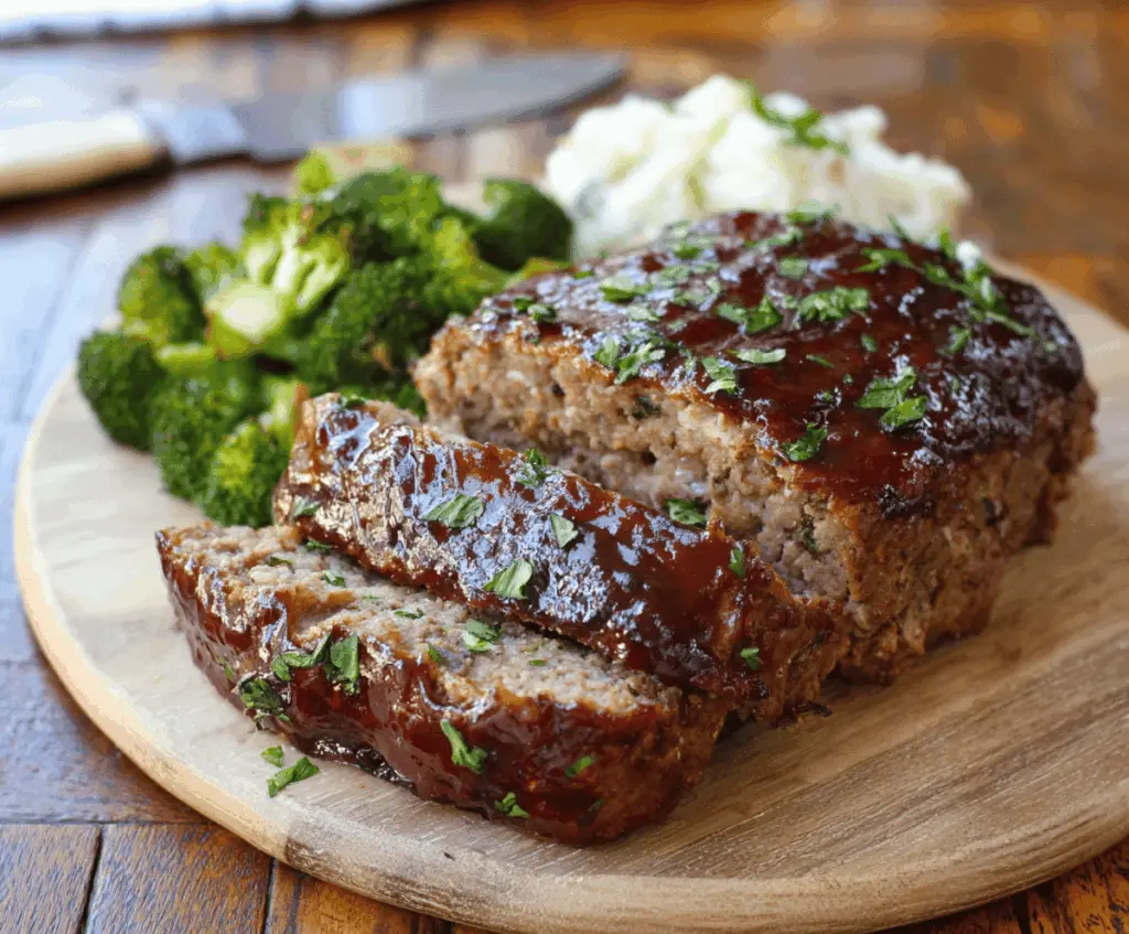Delicious balsamic glazed meatloaf garnished with fresh herbs on a rustic plate.