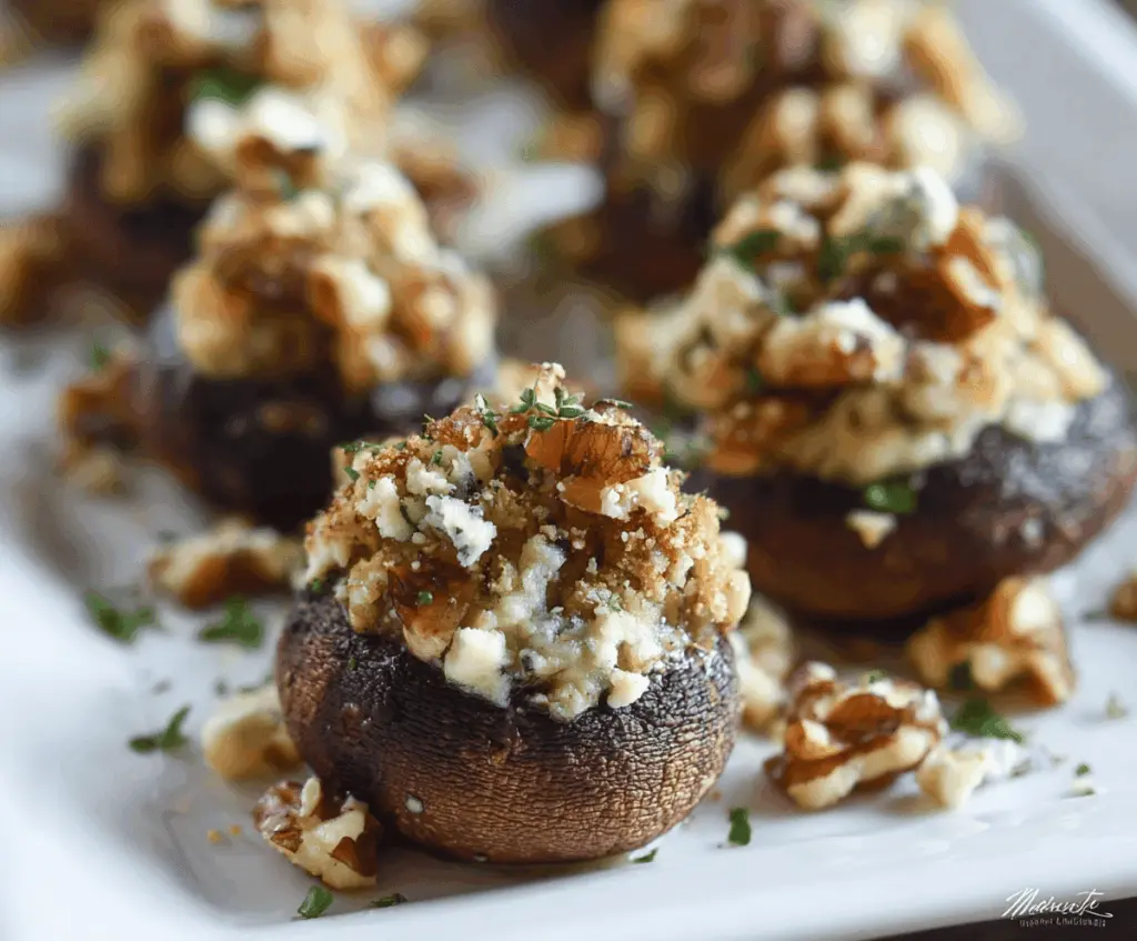 Delicious blue cheese and walnut stuffed mushrooms served as an appetizer.