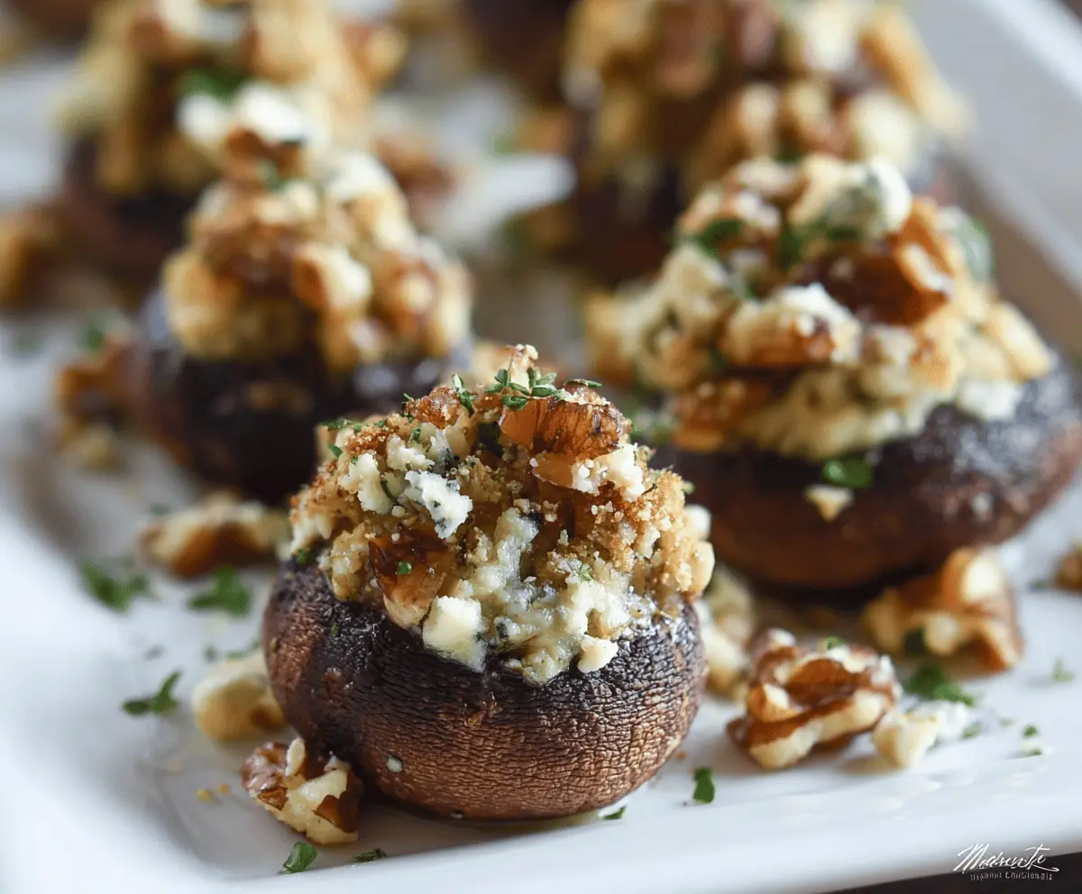 Delicious blue cheese and walnut stuffed mushrooms served as an appetizer.